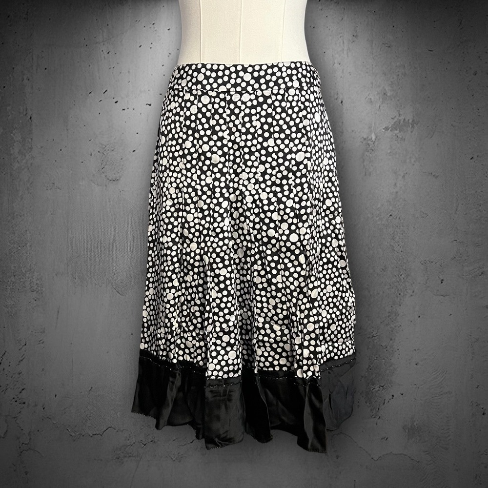 Alfani Petite Silk Black White Polka Dot Beaded Trim Pleated High Waist Skirt 2P